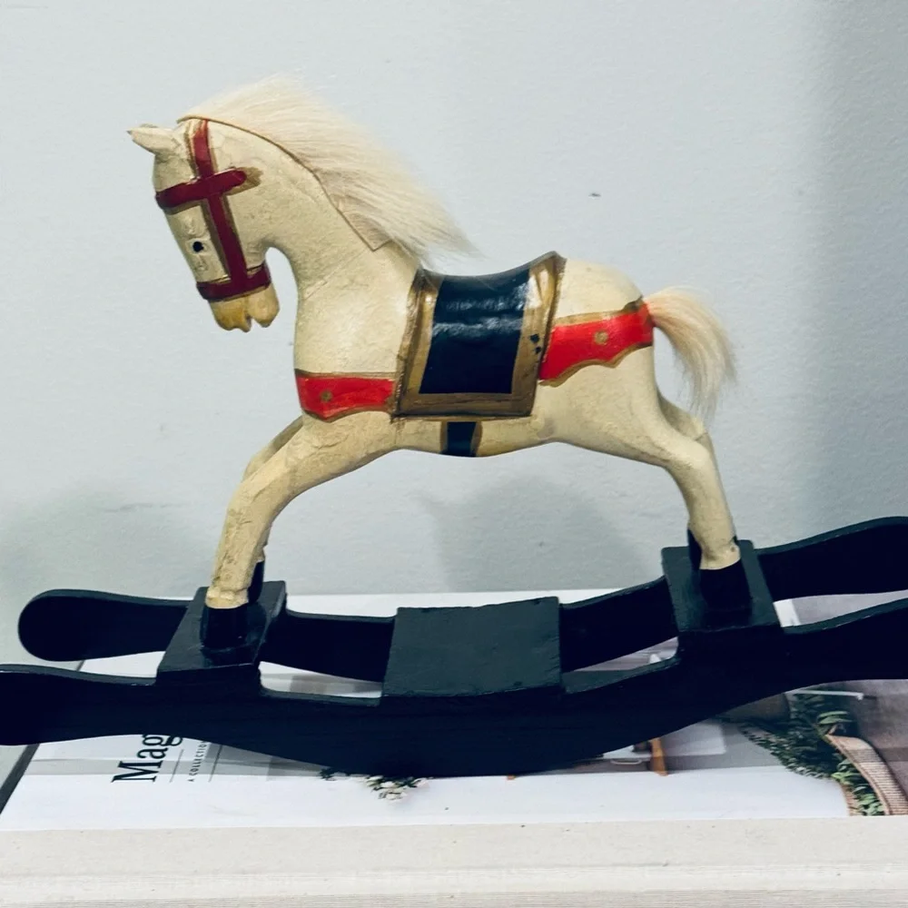Vintage Carousel Rocking Horse 1940s Carved Wood Hand Painted Real Fur